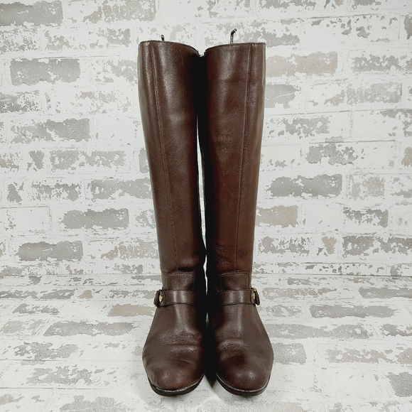 Me Too Arctic Brown Leather Round Toe Buckle Knee High Boots D 627 - Picture 3 of 13